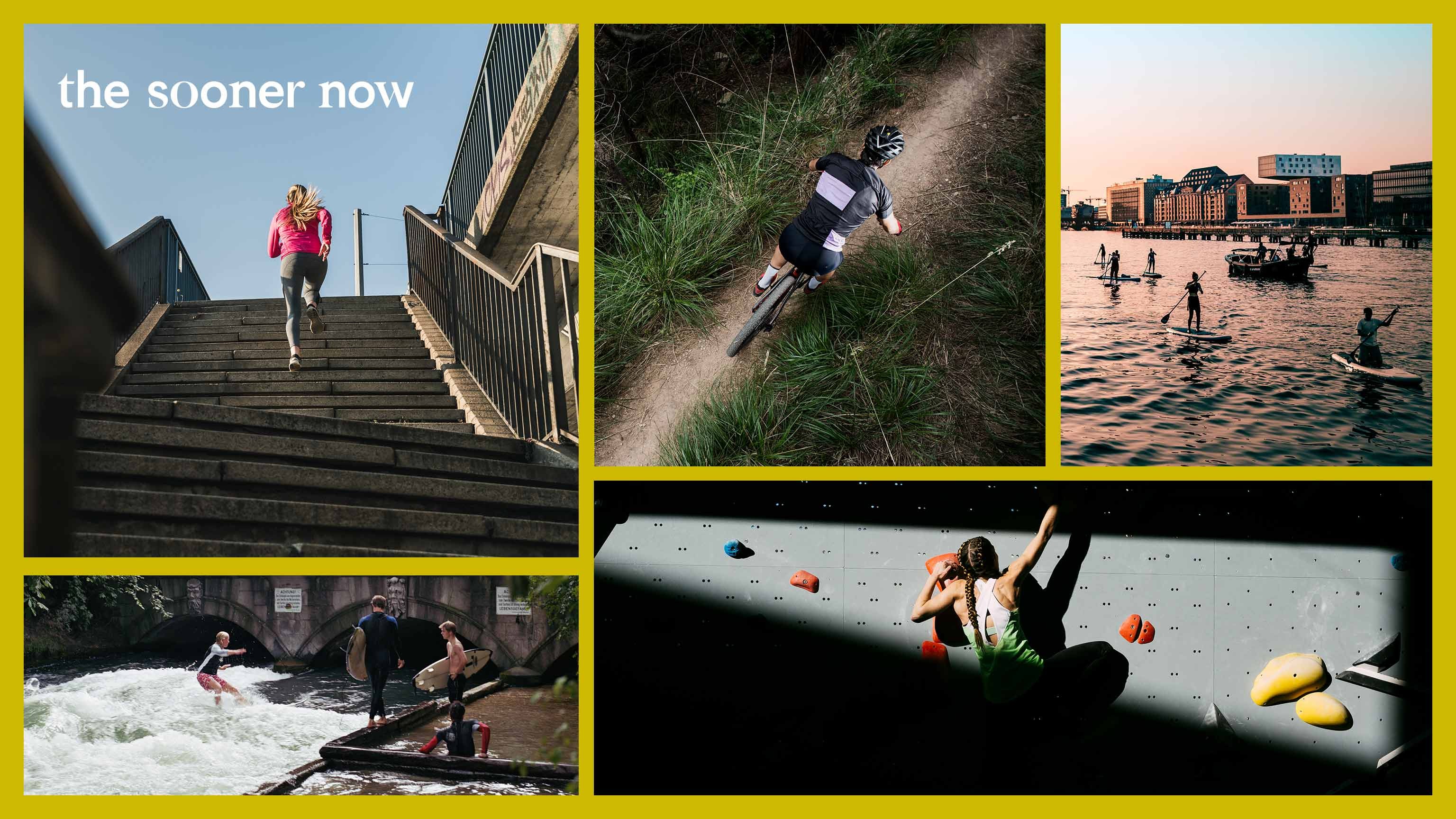 Bilder-Collage von unterschiedlichen Sportarten. Im Uhrzeigersinn: Eine Joggerin läuft Treppen hinauf, ein Mountainbiker im Gelände, Menschen mit Booten und SUPs, Surfen auf der Eisbachwelle in München und eine Kletterin in einer Boulderhalle. 